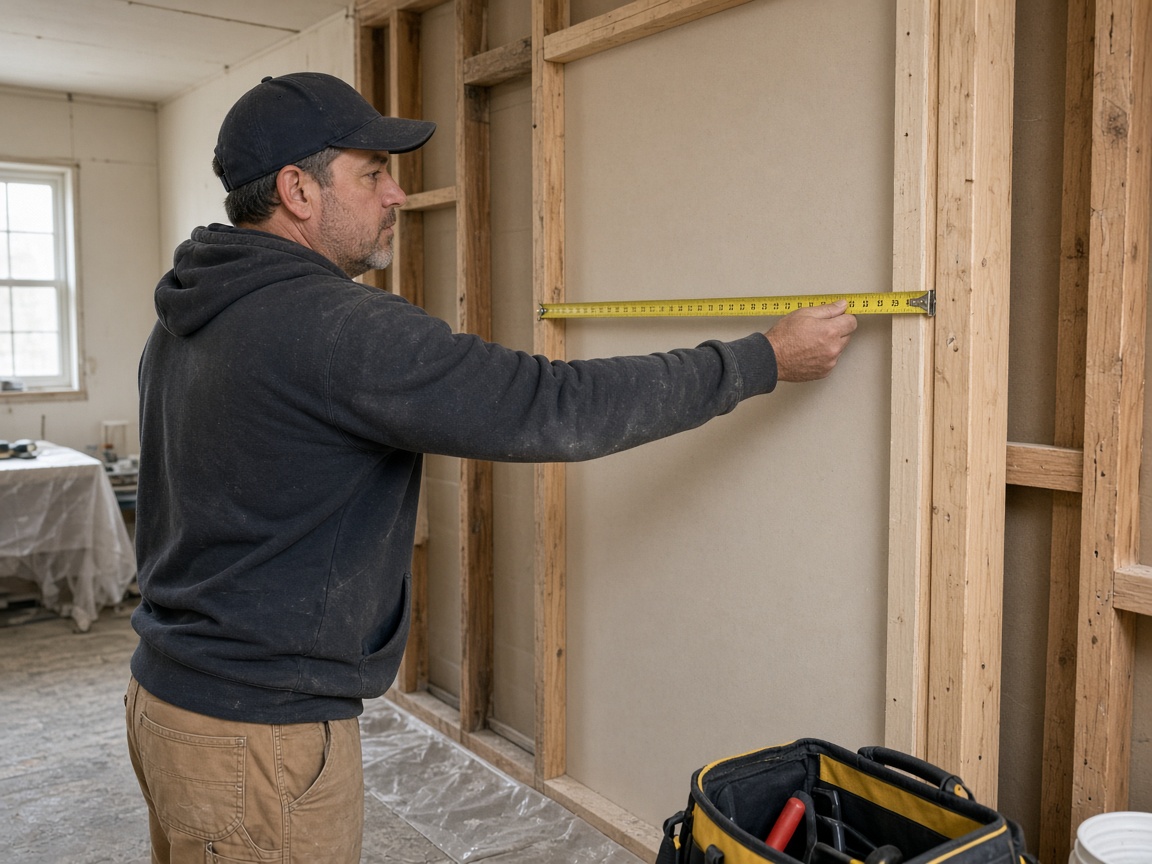 Crew member measuring a wall during a remodel