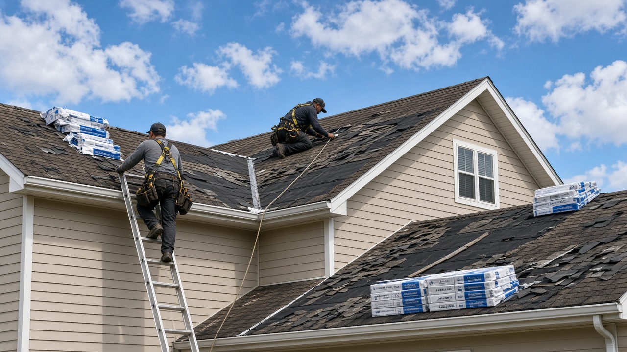 Roofing crew on a residential job site